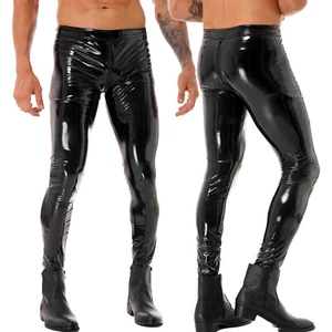 Men's Shiny Faux Leather Skinny Pants Punk Rock Tights Biker Trousers Clubwear - Picture 1 of 23
