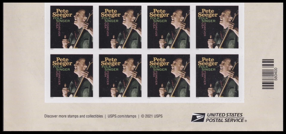 US 5708a Music Icons Pete Seeger imperf NDC footer block 8 MNH 2022 - Image 1 of 1