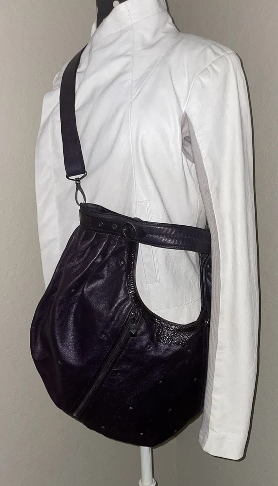 Hogan-Purple Leather Convertible Shoulder/Cross Body Hobo Bag-Stud Accents-Italy - Image 1 of 4