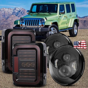 for Jeep Wrangler JK 07-17 Waterproof Black 7 inch LED Headlights Tail Light Set - Picture 1 of 14