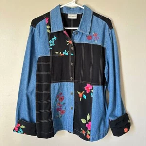 Vintage Napa Valley Shirt Womens LARGE Denim Floral Patchwork 1990 Cottage Boho - Picture 1 of 8