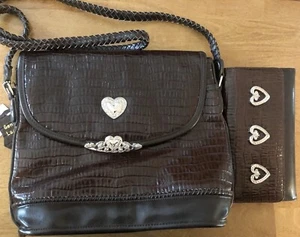 Schultertasche Kroko-Prägung braun Leder silber Herzen & passende Geldbörse Neu mit Etikett - Bild 1 von 12