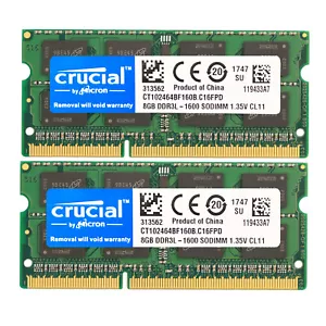 Crucial DDR3L 1600MHz 16GB(2 x 8GB) SODIMM RAM PC3L-12800 2Rx8 Laptop Memory - Picture 1 of 6