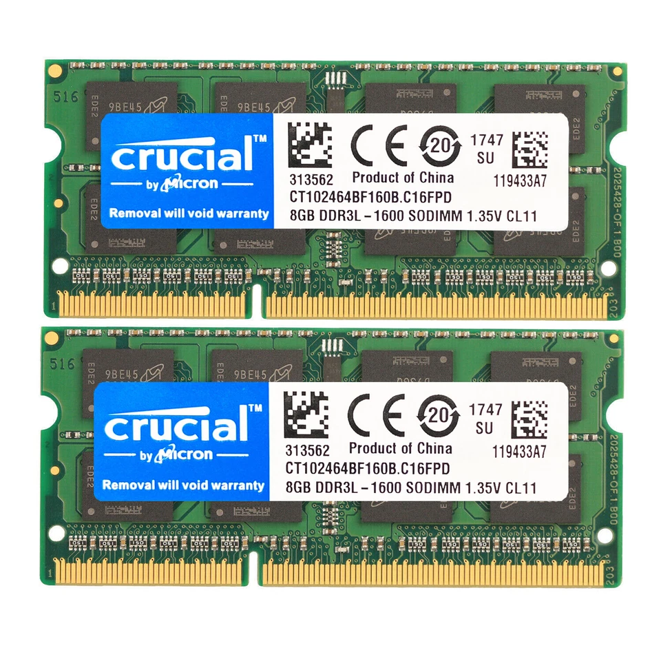 Crucial DDR3L 1600MHz 16GB(2 x 8GB)  SODIMM RAM PC3L-12800 2Rx8 Laptop Memory - Image 1 of 4