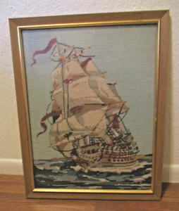 Vintage~Framed SAILBOAT~Counted Cross Stitch/Tapestry~26.0" x 20.5"~1960 - Picture 1 of 12