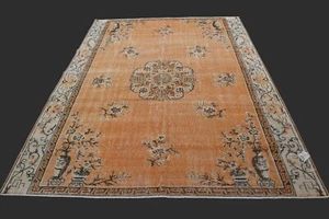 Tappeto turco vintage Oushak, arancione 7x9 piedi, lana fatto a mano, anatolico boemo - Foto 1 di 10