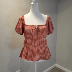 Top Madewell naranja a cuadros peplum talla L - Imagen 1 de 8