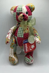 Vintage handgenäht Patchwork Stoff Plüsch Weihnachten Teddybär grün & rot Schleife 23 Zoll - Bild 1 von 12