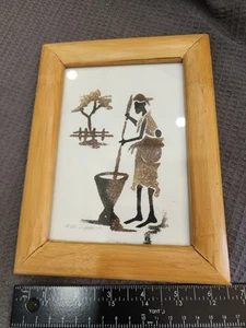 African Sand Painting Woman Cooking Carrying Baby On Back - Artist Signed - Picture 1 of 7