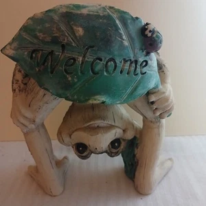 Hand Crafted 7" Ceramic Welcome Frog Figurine Funny Folk Art Garden Deco - Picture 1 of 7