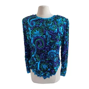 VINTAGE LAURENCE KAZAR Sequin Top Womens Sz Medium Blue Silk Cocktail - Picture 1 of 7