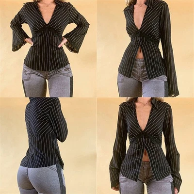 Camisas acampanadas vintage cárdigan a rayas mujer manga elegante Foto 1 de 4