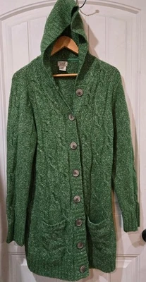 LL Bean De Colección Suéter de Lana Verde Tejido con Cable Cárdigan Largo con Capucha Botones GRANDE Foto 1 de 4