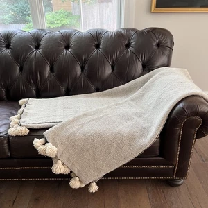 Luxurious Heavy Moroccan POM POM Tassel Blanket Ivory & Black Diamond 102” x 55” - Picture 1 of 12
