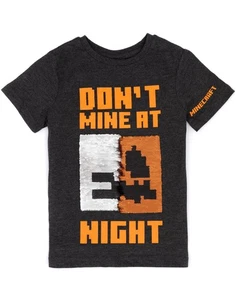 Minecraft Grey Don'T Mine At Night Sequin Graphic Short Sleeved T-Shirt Boys - Picture 1 of 10
