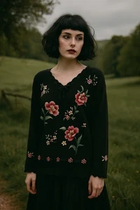 Vintage 80er COTTAGECORE PULLOVER TUNIKA Blumen bestickt Häkel Schleife plus 3X - Bild 1 von 8