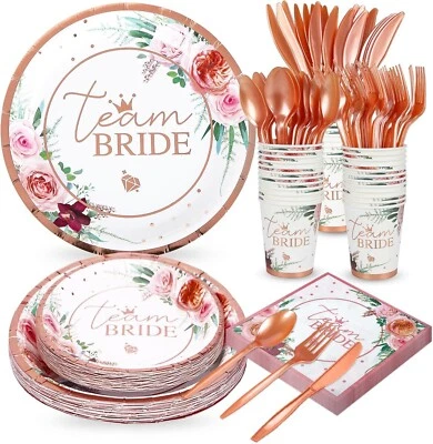 Juego de vajilla desechable para fiesta de ducha nupcial (platos, tazas, servilletas, utensilios) Foto 1 de 3