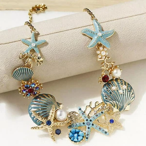 Collar de conchas marinas de estrellas de mar perlas Cadena de babero de playa - Picture 1 of 6