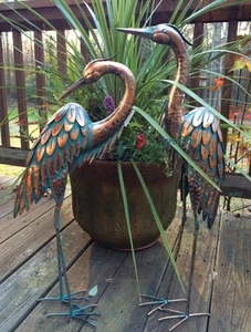 Copper Patina Garden Heron Pair Metal Statues Bird Art Sculptures Crane 27.5"H - Picture 1 of 3
