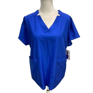 NWT Cuddl Duds Climate Right Ladies L Scrub Top 6 Pockets Blue Notched Neckline - Picture 1 of 11