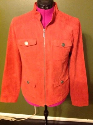 Jaqueta Studio Works de camurça sintética feminina tamanho 10 laranja ferrugem zíper frontal camisa superior - Imagem 1 de 4