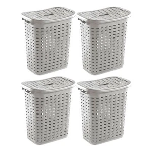 Sterilite Plastic Weave Laundry Hamper Slim Clothes Lidded Basket, Gray, 4-Pack - Picture 1 of 9