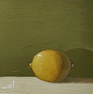 LEMON OIL PAINTING VIVEK MANDALIA IMPRESSIONISM 8X8 COLLECTIBLE ORIGINAL SIGNED - Imagen 1 de 6