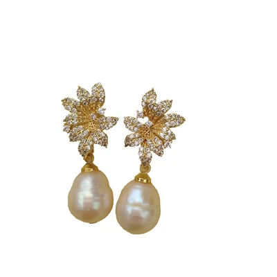 Perfect AAA+ 10-12mm Lightpink South Sea Natural Pearl Dangle Stud Earrings - Image 1 of 4