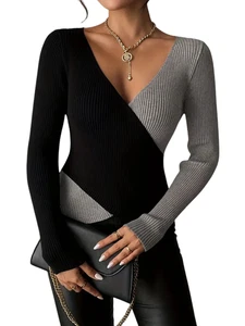 Womens Long Sleeve Contrast Color Ribbed Sweater V Neck Ribbed Pullover Top - Picture 1 of 28