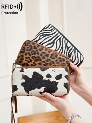 Leopard Print RFID Wallet Purse Cow Print Zebra Stripes Double Zipper Clutch Bag - Image 1 of 4