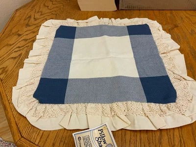 BLUE CREAM Lace Charles Craft Blank Cross Stitch Ruffle Pillow Sham 14ct Aida - Image 1 of 2