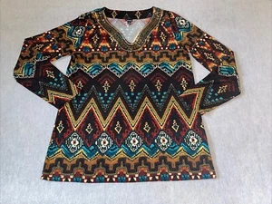 Rafaella Top Womens M Brown Yellow Green Aztec Artsy Stretch Classic Colorful - Picture 1 of 7