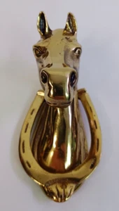 Vintage Horse Shoe Horse Head Solid Brass Front Door Wall Decor Door Knocker - Picture 1 of 11