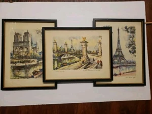 3 FRAMED Vtg AQUATINT PICTURES PARIS MARIUS GIRARD SIGNED PONT NOTRE DAME EIFFEL - Picture 1 of 14