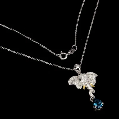 Collana Di Elefante In Argento Sterling 925 Con Topazio Blu Di Londra E Spinello - Immagine 1 di 4