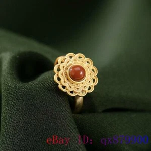 Rote Jade Blume Ringe Schmuck Damen Verstellbar Ring 925 Silber Natur Chinesisch - Bild 1 von 6
