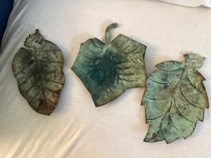Brass Greenish Leaf Decorations / Dishes , Set of 3  - Picture 1 of 12