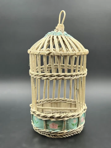 Vintage White Wicker Bird Cage Decor Whimsical Cottagecore 9.5” Tall Blue Flower Cover