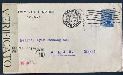 1917 Genova Italy Censored Commercial Cover To Ayer MA Usa - Image 1 of 2