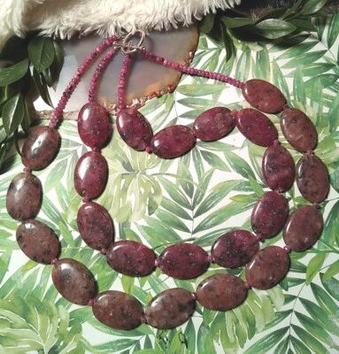 Granito Rojo Cuentas Piedra Ovaladas, 2 Soportes, Tono Plata, Grueso Palanca Collar! Foto 1 de 4