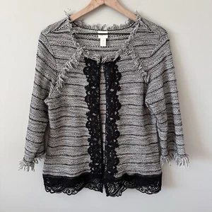Chico’s Fringe Lace Wool Blend Cardigan Jacket Size 2 L Black & White Office - Picture 1 of 15