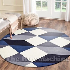 VIVID GEOMETRIC GREY BLUE THICK HANDMADE WOOL ROUND FLOOR RUG 120x120cm **NEW** - Picture 1 of 5