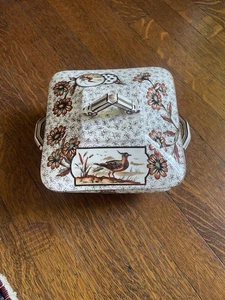 Ridgway Ästhetische Vögel & Blumen Orange & Braun Deckelschale Transferware - Bild 1 von 16