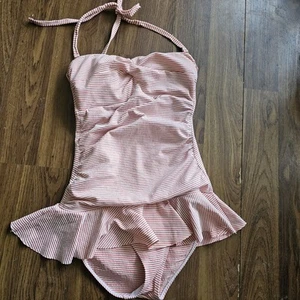 Lauren Ralph Lauren Woman's Swim Suit Sz 10 Searsucker Red Coral White Striped - Picture 1 of 17
