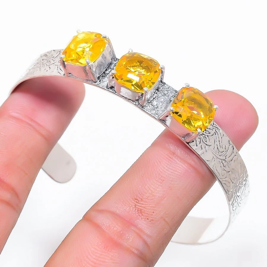 Brazalete ajustable de plata de ley 925 hecho a mano con piedras preciosas de citrino amarillo Foto 1 de 1