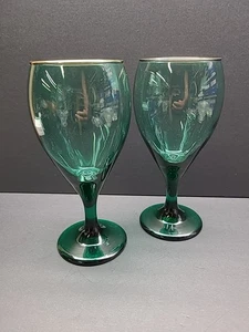 Vintage Libbey Wacholder Grün Träne Goldrand Wein/Wasser Gläser 2er Set - Bild 1 von 6