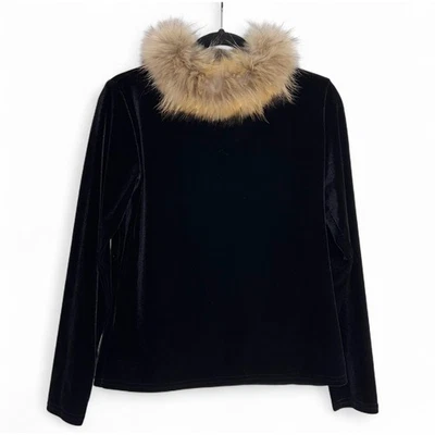 Double D Ranch Black Velvet Long Sleeve Top Real Fur Collar Women's XS - Image 1 of 4