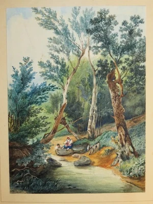 Ec FRANCAISE XIX DESSIN AQUARELLE PAYSAGE ENFANTS RIVIERE ROMANTISME SIGNEE 1830 - Photo 1/4
