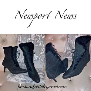 RARE Newport News Black Faux Suede Faux Fur Lace Up Ankle Boots Size 11 $70 - Picture 1 of 10