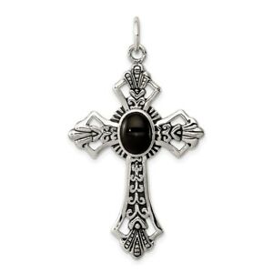 Brand New Silver 925 Antiqued Black Onyx Cross Pendant